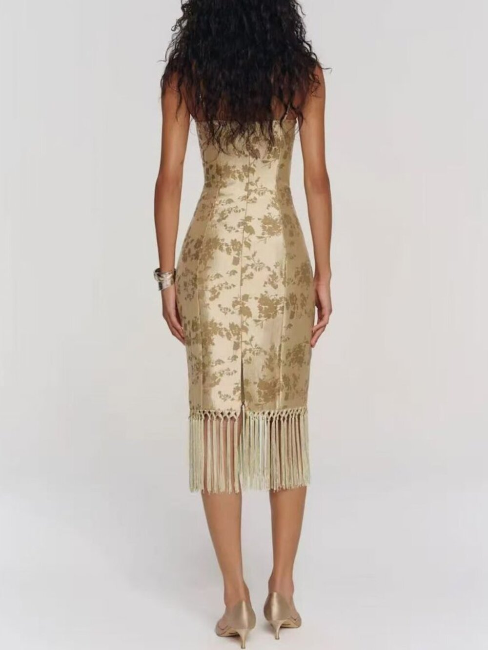 Reformation Maribel Midi Dress US2 Heirloom Gold Floral Fringe Party Cocktail - Picture 3 of 10